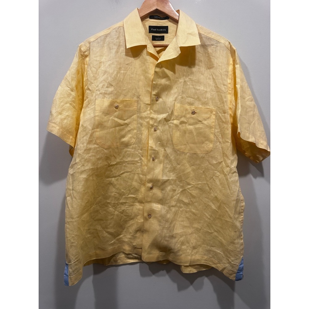 Paul Fredrick Mens Yellow 100% Linen Short Sleeve Button Down Shirt Large L